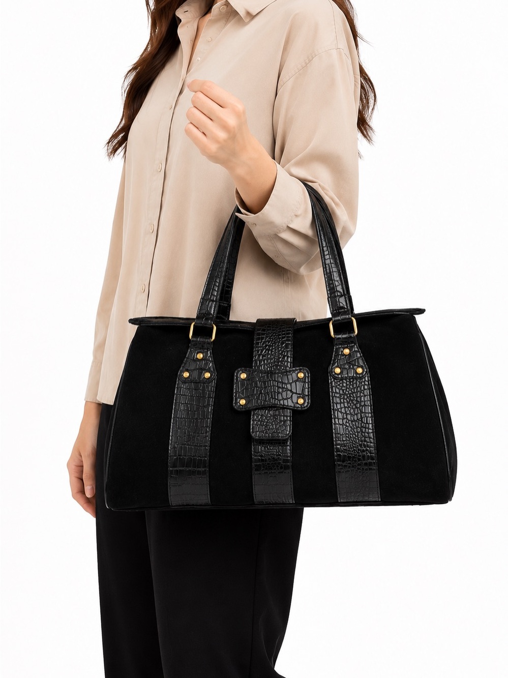 Elizabeth Arden Black Croc Embossed Tote Bag Large Work Satchel NWOT